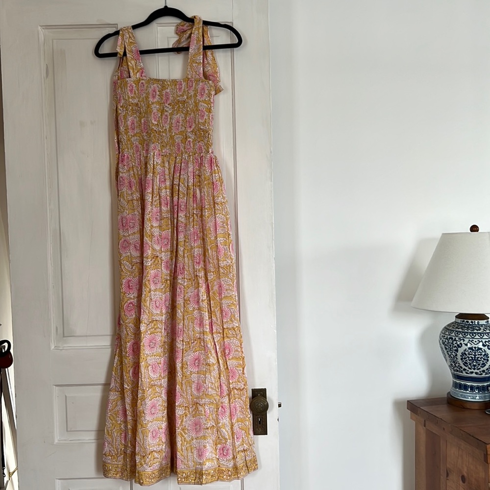 Pink & Yellow Maxi Dress with Shoulder Ties